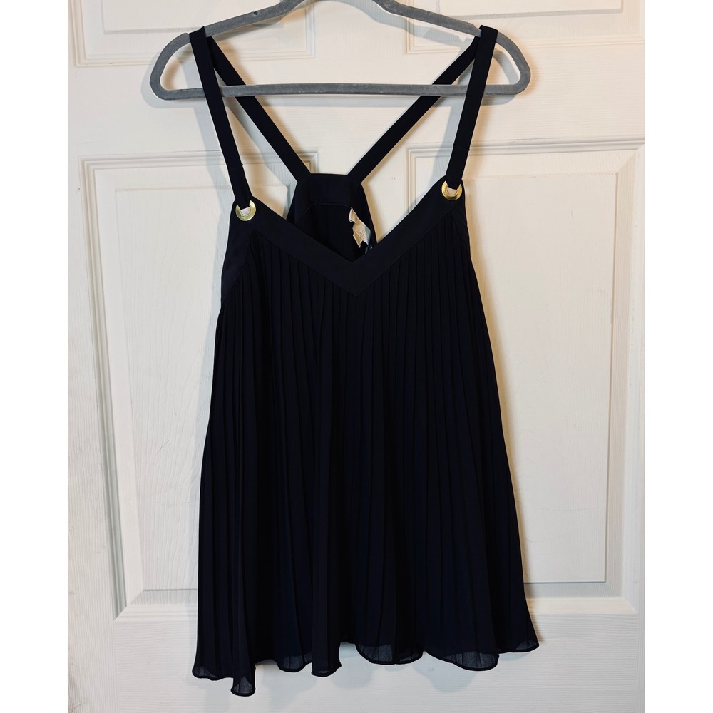 Michael Kors Womens Medium Black Pleated Gold Grommet Sleeveless Blouse Top - Picture 2 of 11